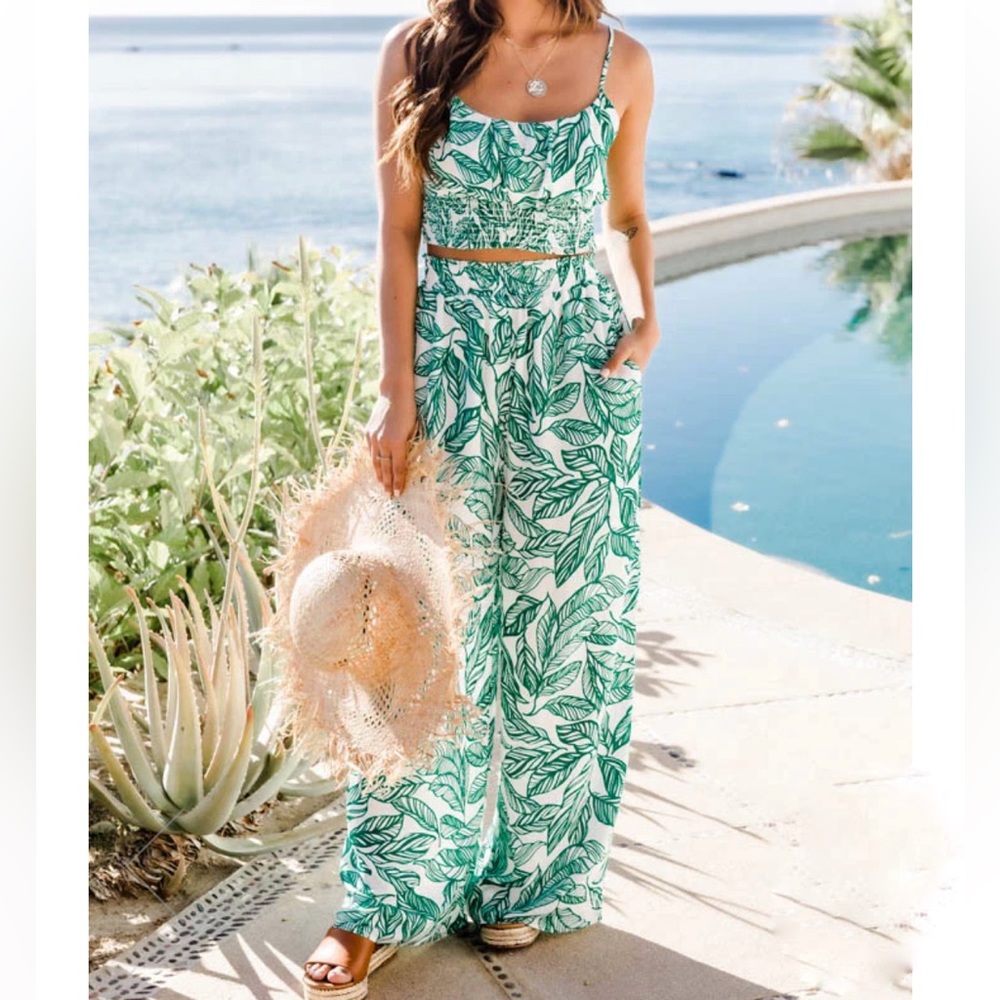 Pink Lily Heart of Paradise Two Piece Crop Top and Palazzo Pants Set
